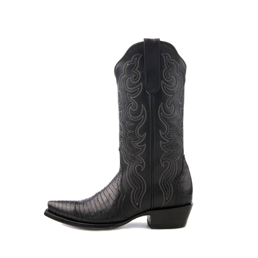 Black Contrast Vegan Leather And Lizard Print Snip-Toe Embroidery Classic Mid Calf Cowgirl Boots