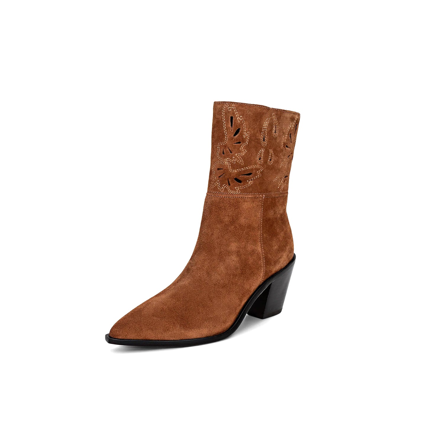 Brown Faux Suede Pointed-Toe Embroidery Inlay Full-Zip Ankle Cowgirl Boots