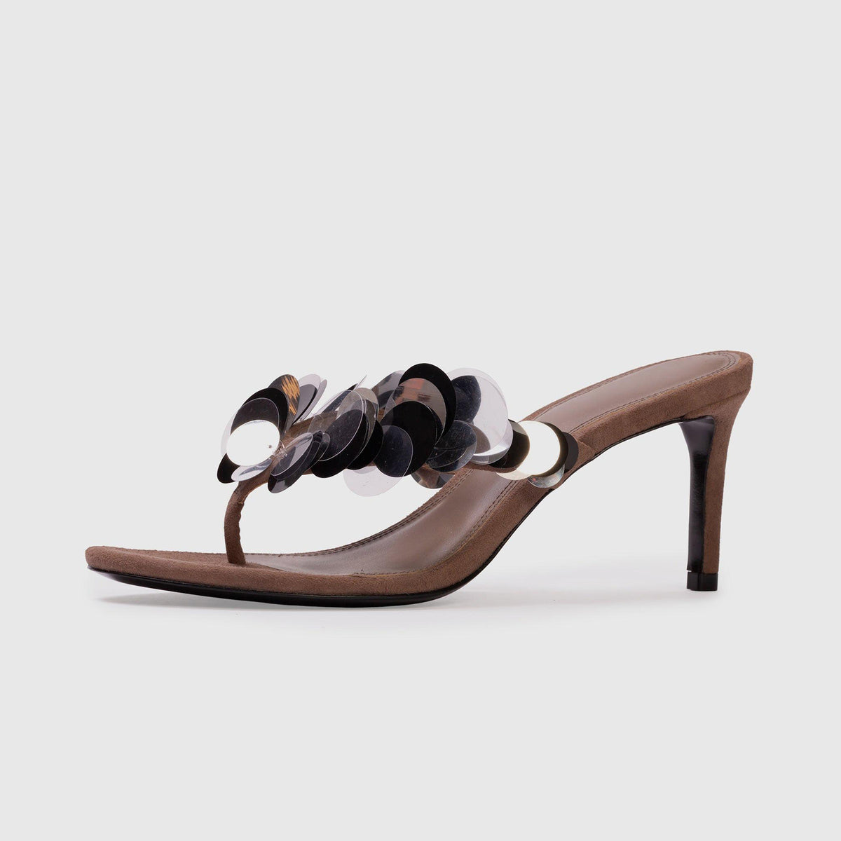 Taupe Faux Suede Round-Toe Flip-Flop With Sequins Backless High Heels