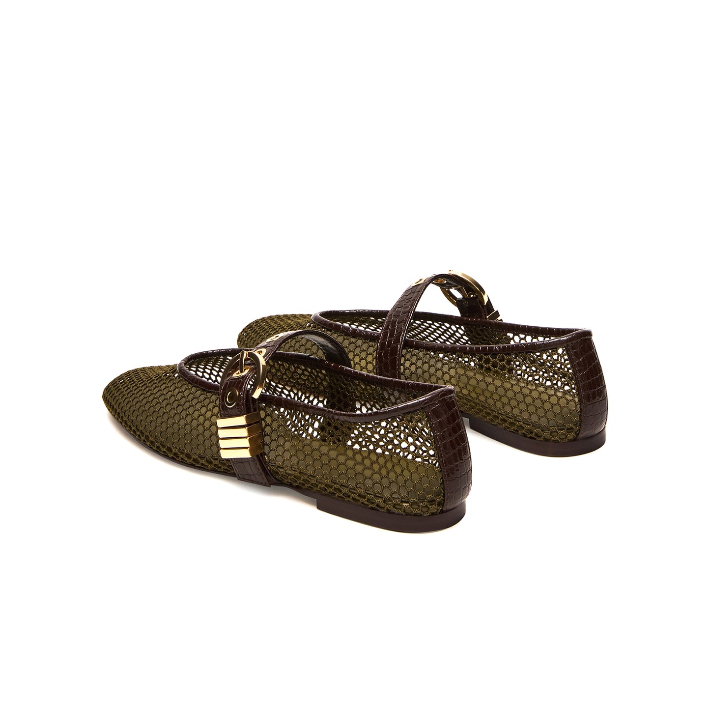 Olive Green Mesh Round-Toe Crocodile Print Bridge Strap Ballet Flats