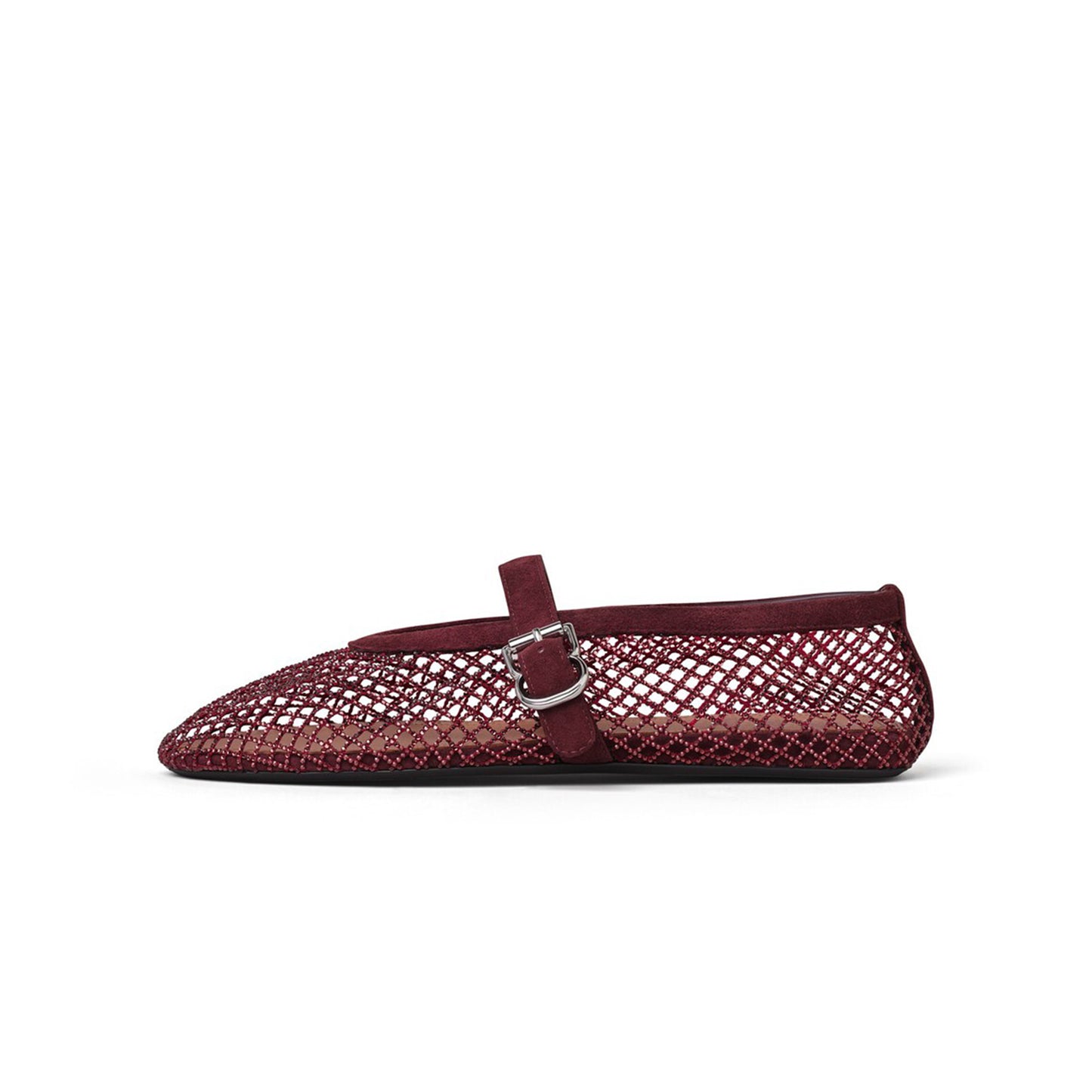 Brown Mesh With Rhinestones Round-Toe Mary Jane Ballet Flats