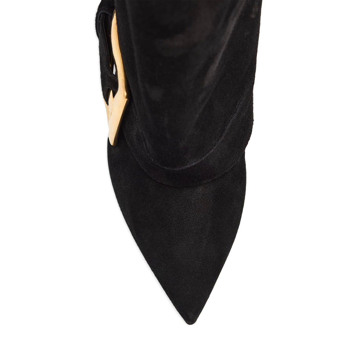 Black Faux Suede Pointed-Toe Buckle Fold-Over Wide Calf Knee High Stiletto Boots