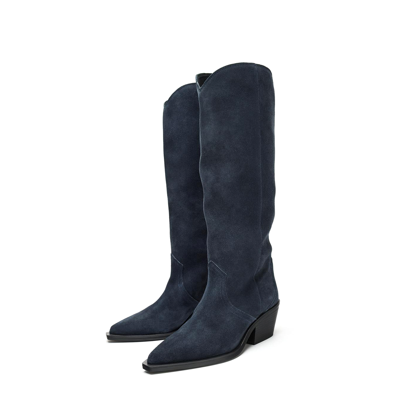 Dark Blue Faux Suede Pointed-Toe Simple And Sleek Knee High Cowgirl Boots