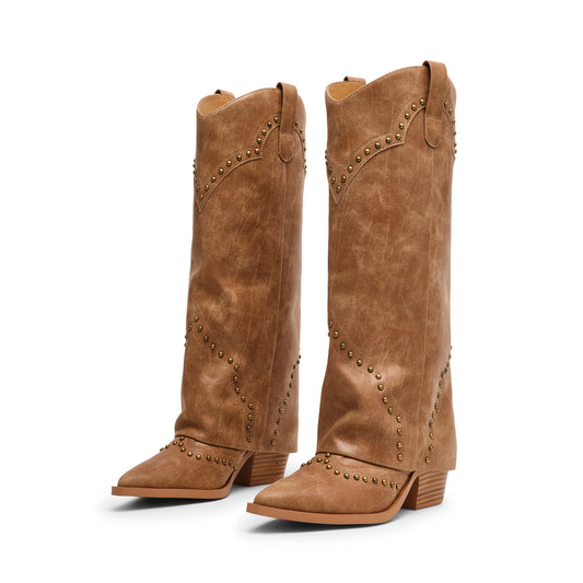 Cognac Pointed-Toe Studded Fold-Over Wide Calf Knee High Cowgirl Boots