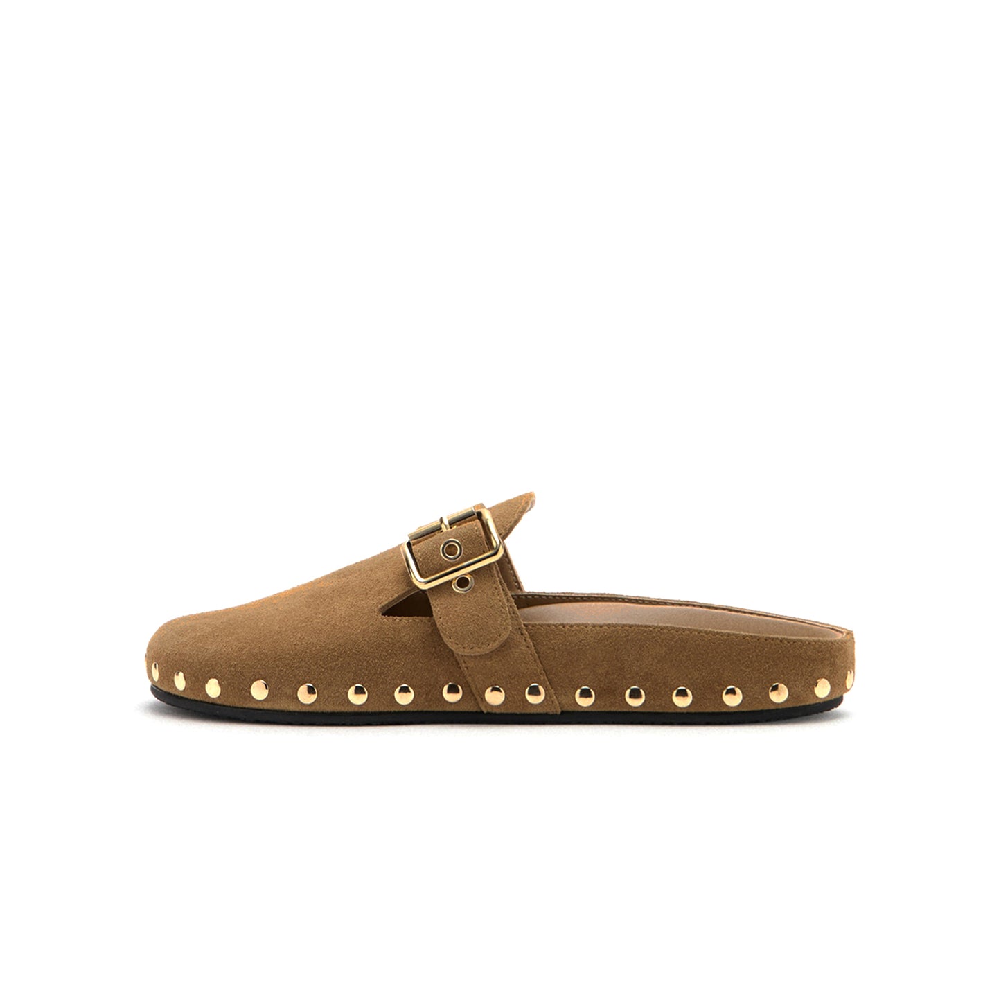 Sand Faux Suede Round-Toe Buckle Strap And Studs Flats