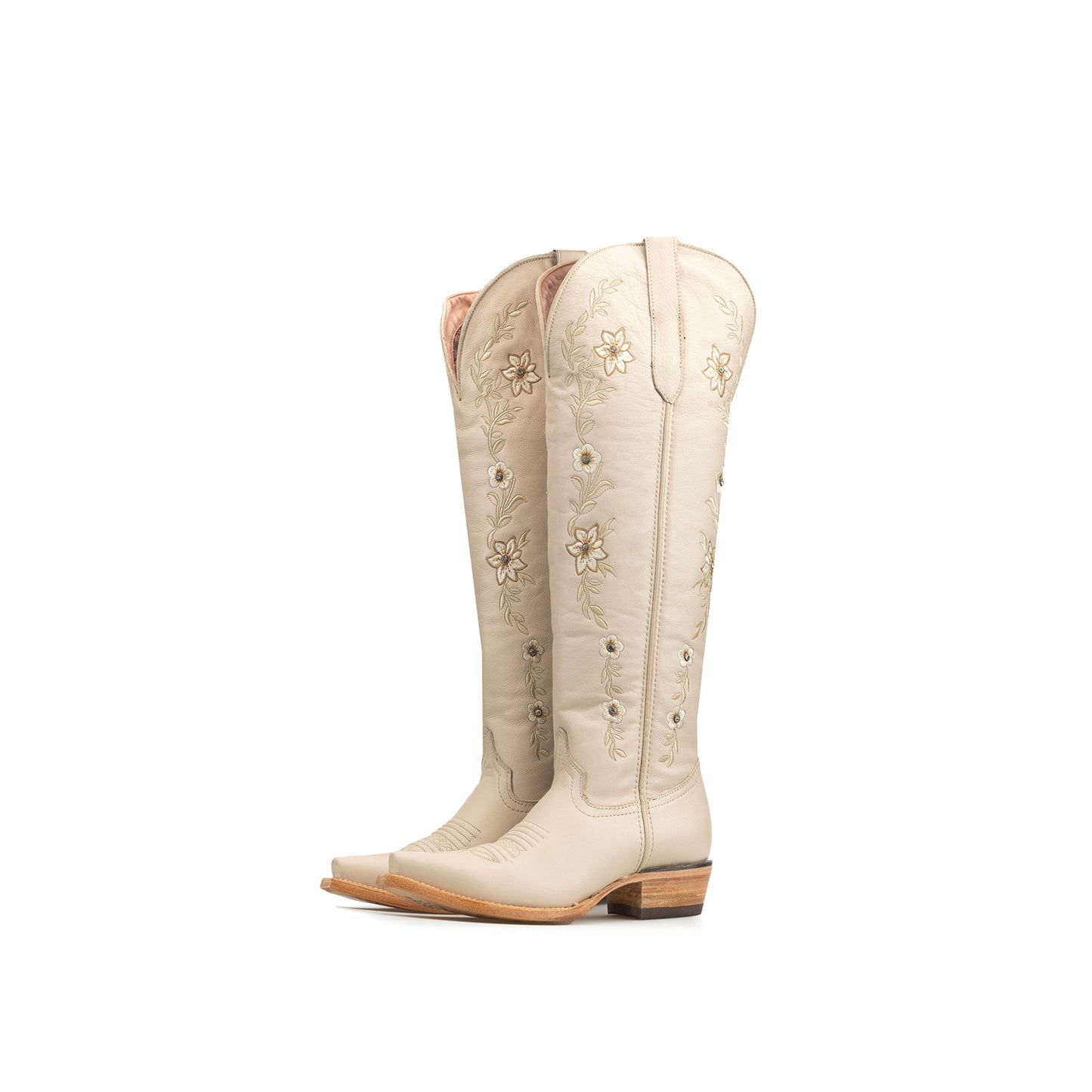 Cream Snip-Toe Flower Embroidery Rhinestone Half-Zip Knee High Cowgirl Boots