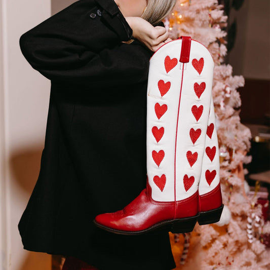 Contrast White And Red Almond-Toe Hearts Inlay Wide Calf Knee High Cowgirl Boots