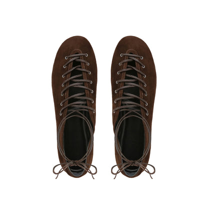 Brown Faux Suede Round-Toe Ankle Lacing Detail Lace-Up Flats