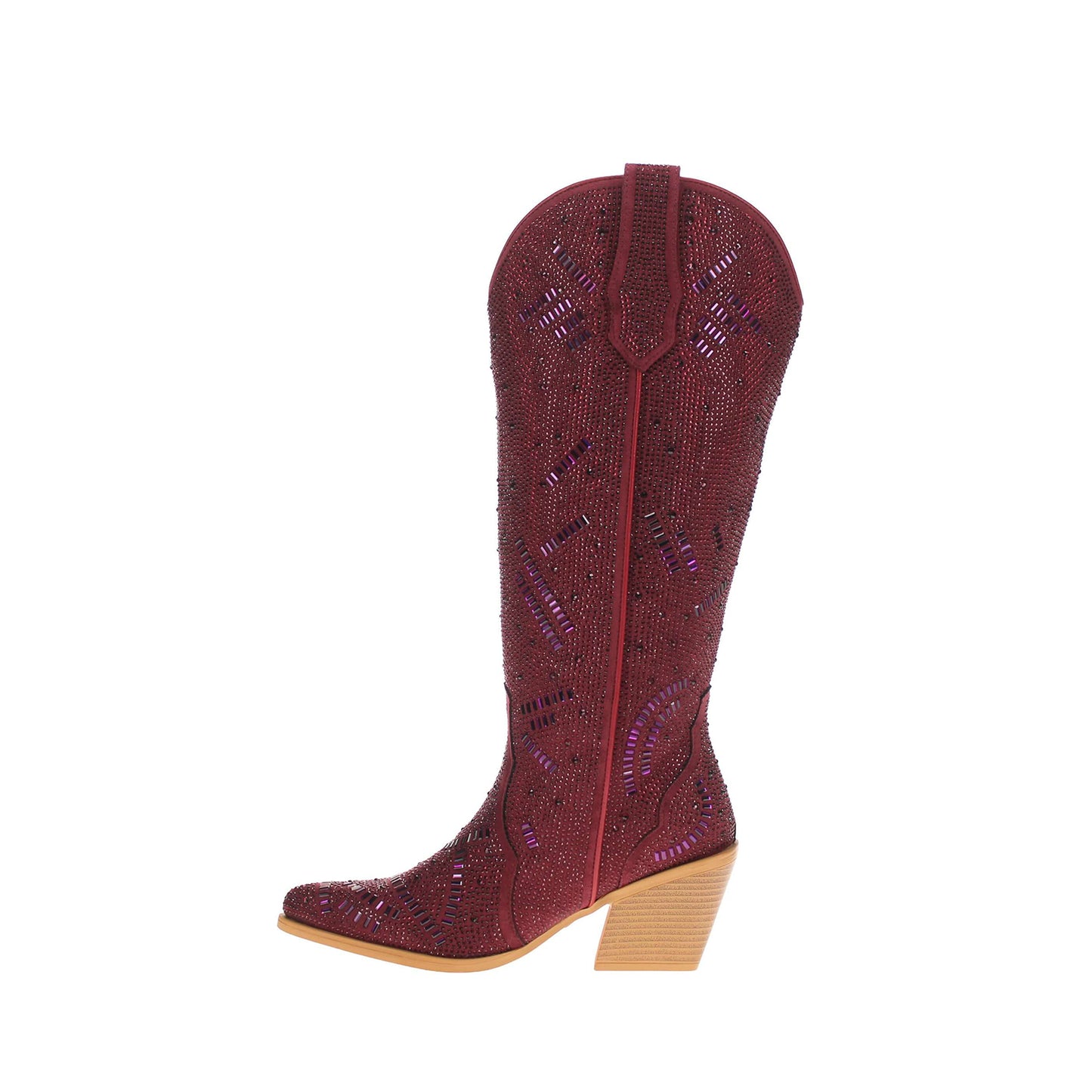 Maroon Faux Suede Pointed-Toe Full Crystals Wide Calf Knee High Cowgirl Boots