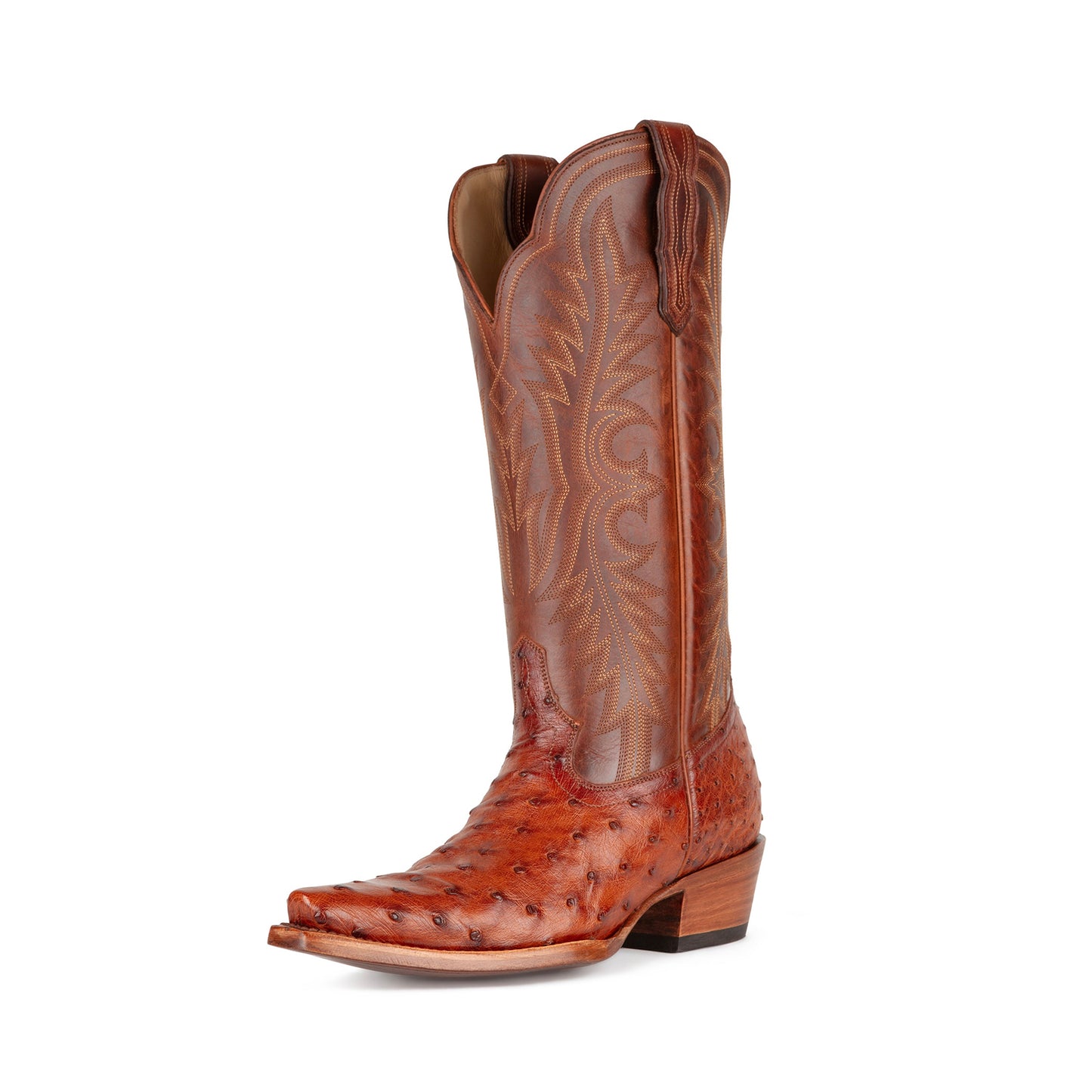 Pecan Contrast Vegan Leather And Ostrich Print Snip-Toe Embroidery Mid Calf Cowgirl Boots