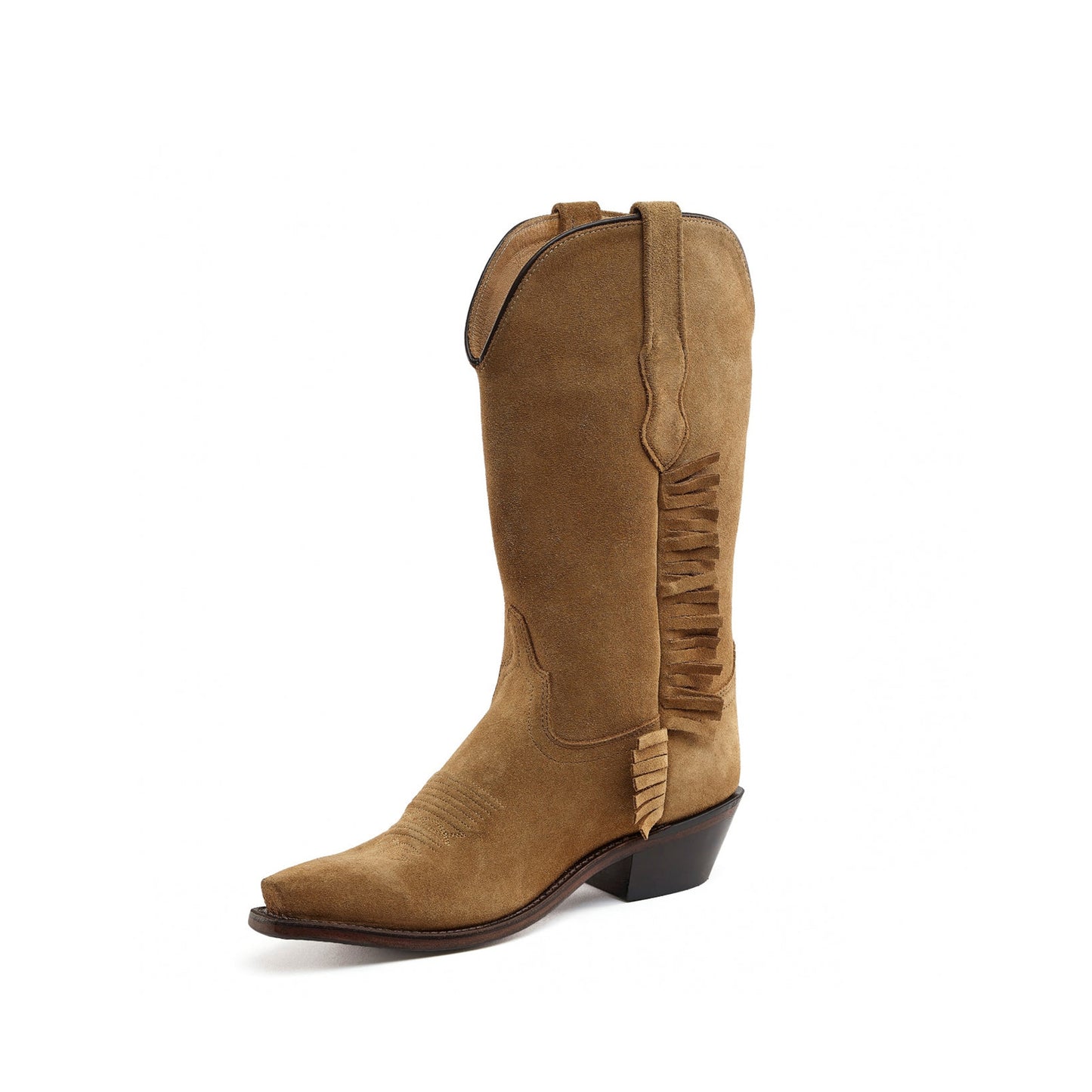 Cognac Faux Suede Snip-Toe Short Fringe Mid Calf Cowgirl Boots