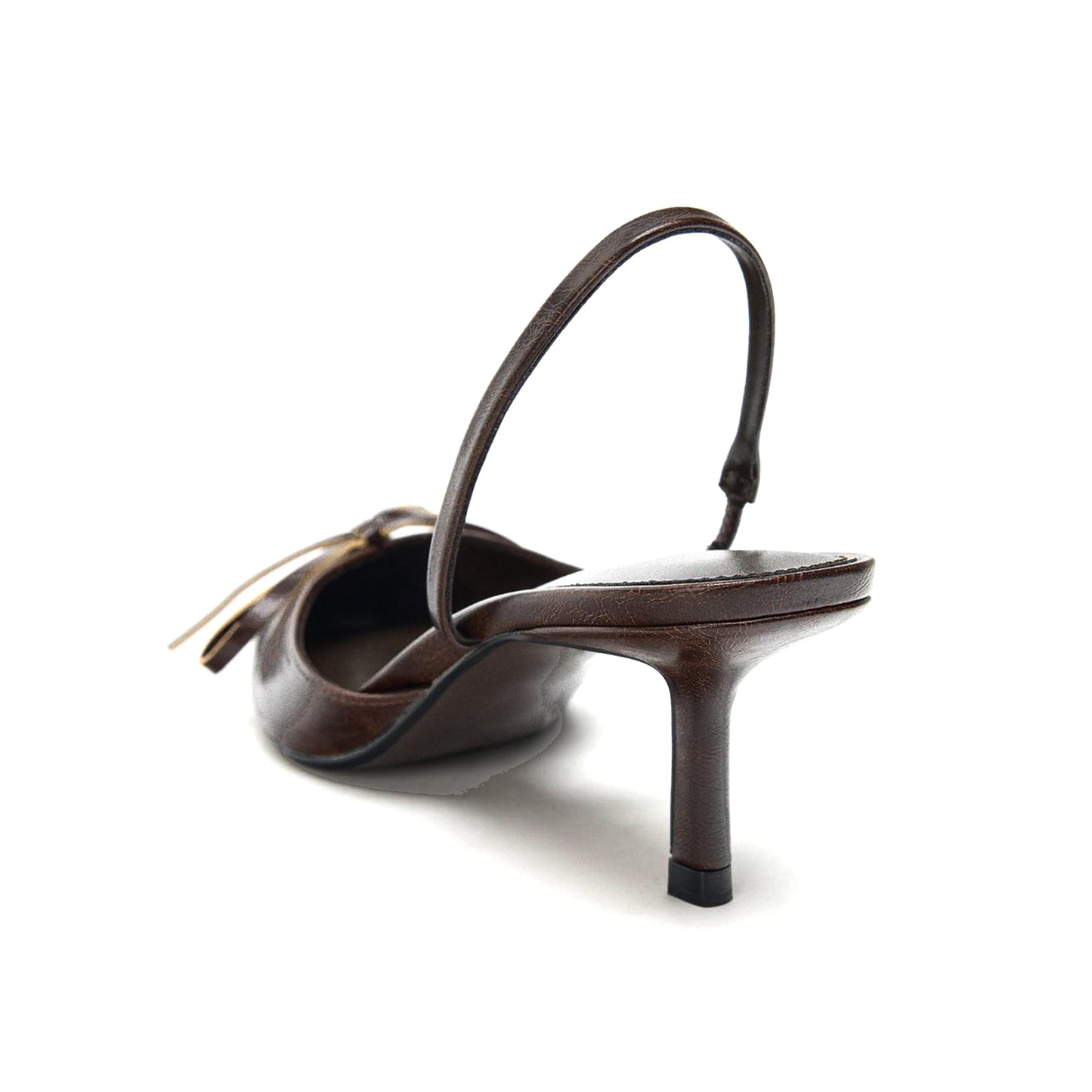 Brown Pointed-Toe Front Big Bow Simple Slingback Kitten Heels