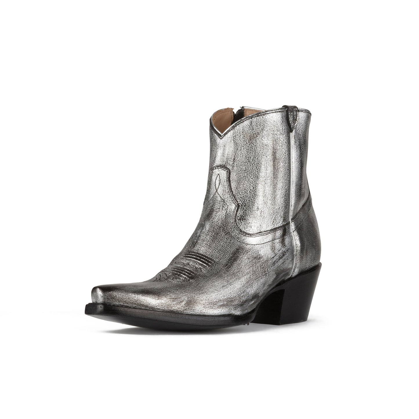 Metallic Pewter Snip-Toe Simple Full-Zip Ankle Cowgirl Boots