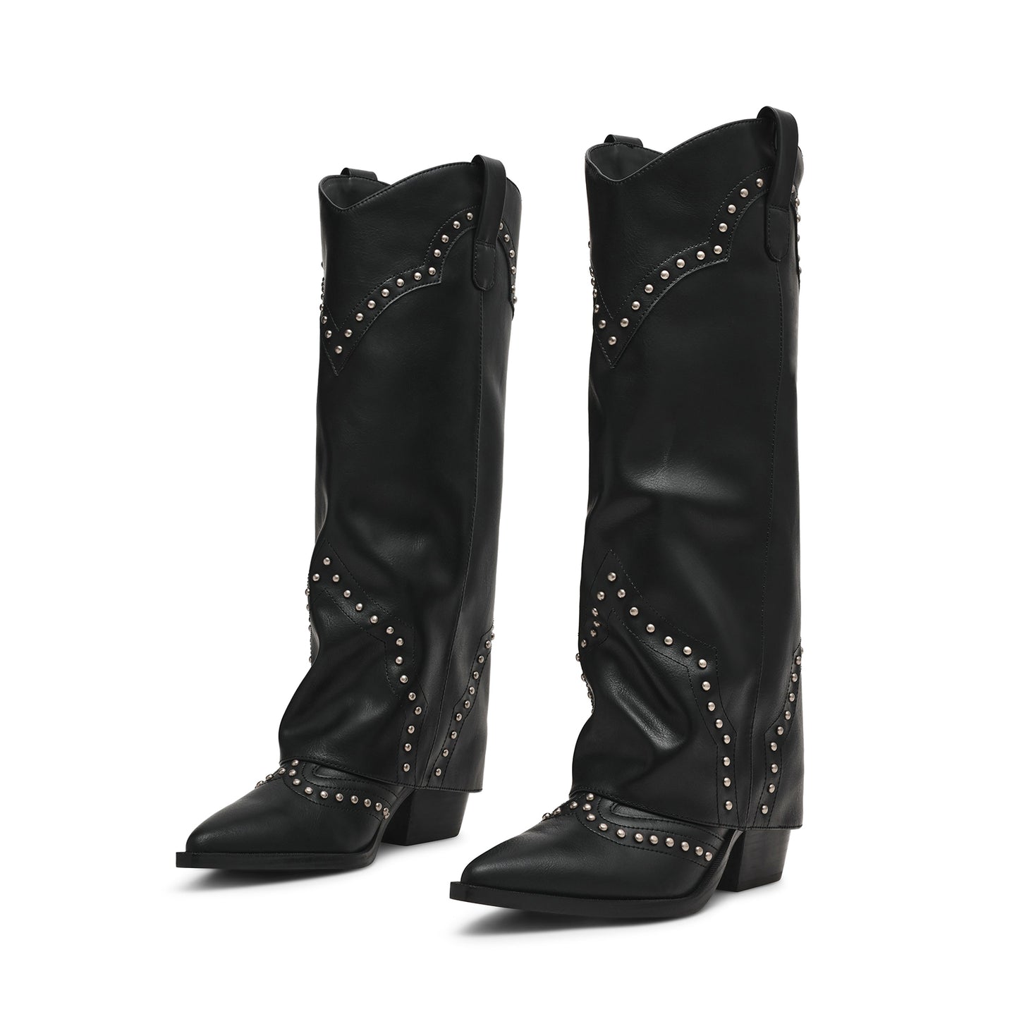 Black Pointed-Toe Studded Fold-Over Wide Calf Knee High Cowgirl Boots