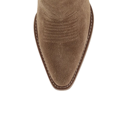 Brown Faux Suede Snip-Toe Embroidery Ankle Cowgirl Boots