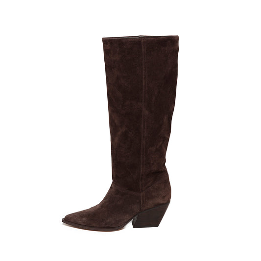 Brown Faux Suede Pointed-Toe Half-Zip Sleek Knee High Cowgirl Boots