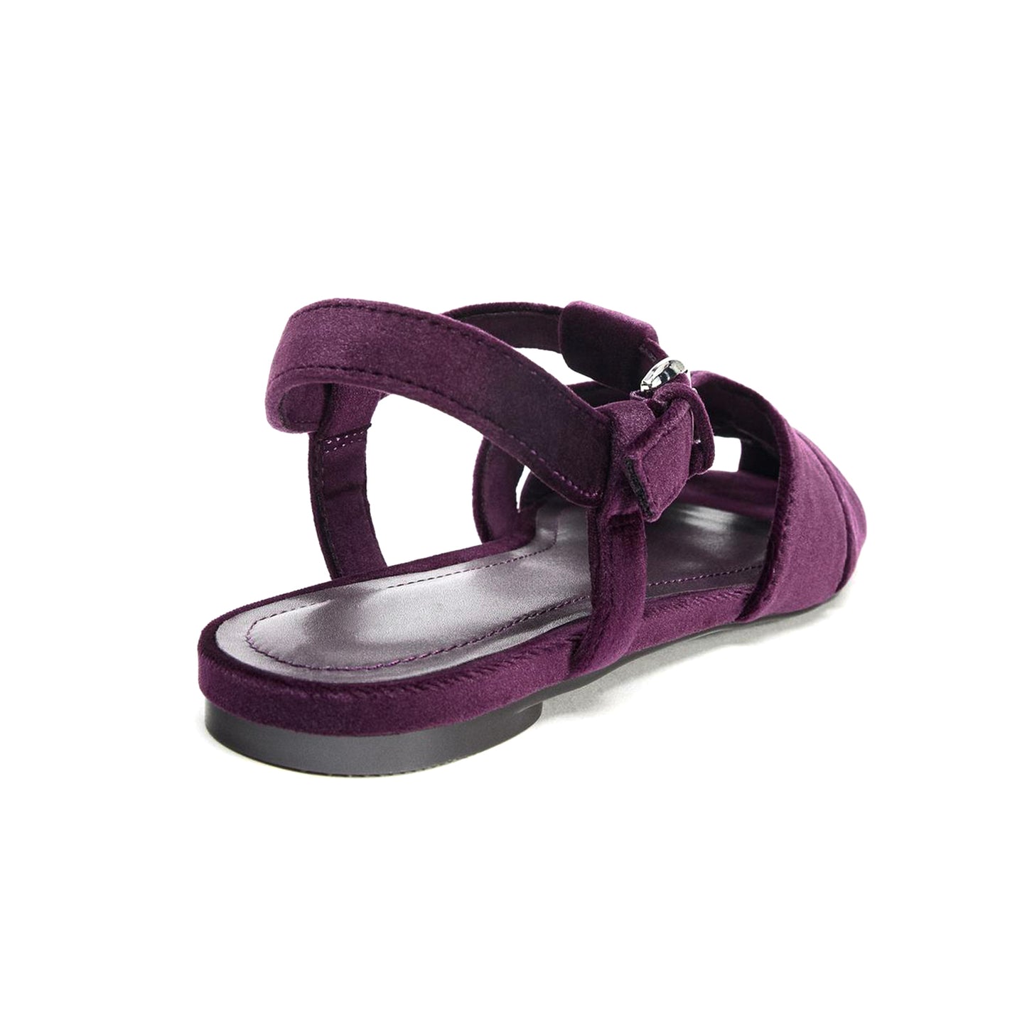 Purple Velvet Square-Toe Caged Detail Buckle Strap Sandals Flats