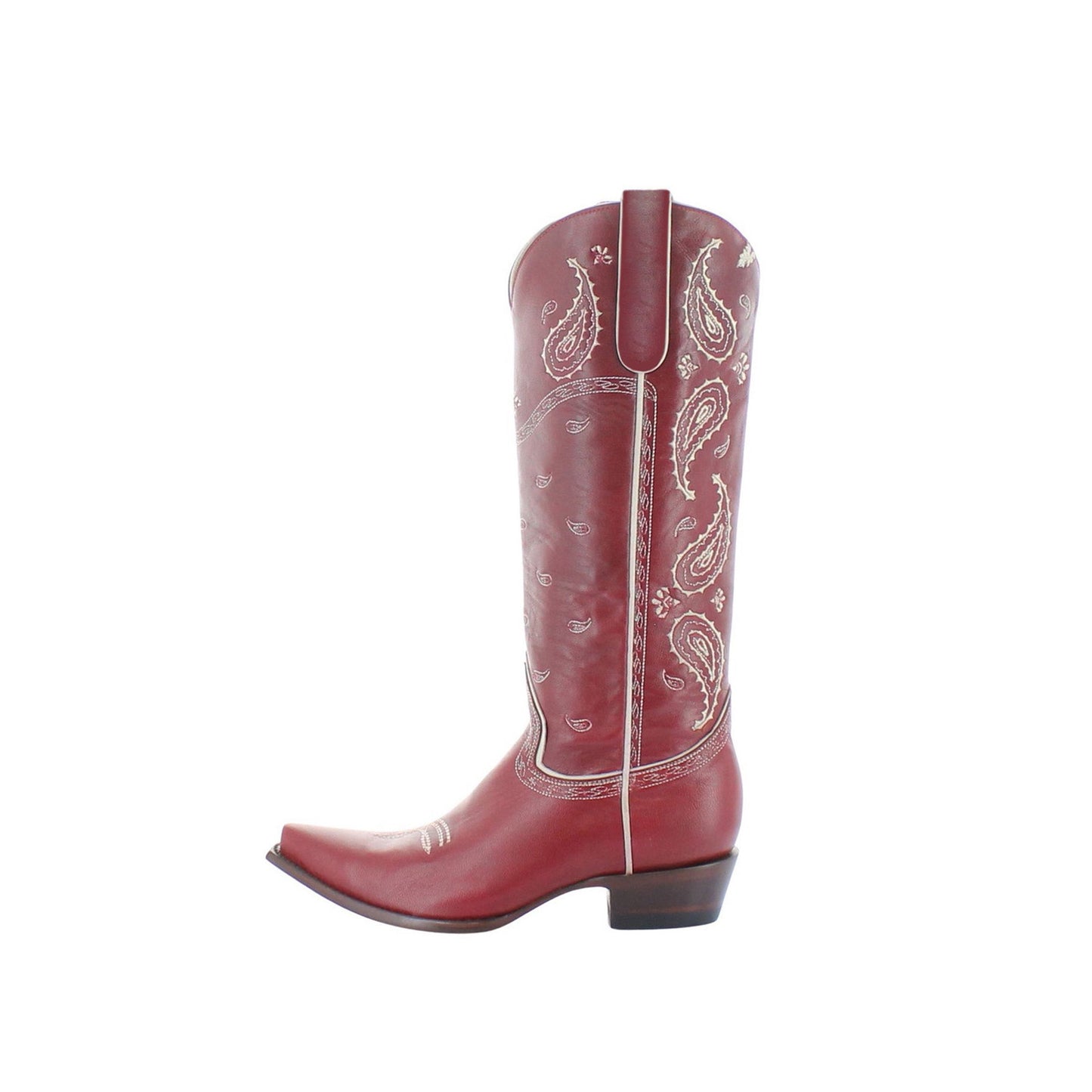 Red Snip-Toe Paisley Embroidery Half-Zip Knee High Cowgirl Boots