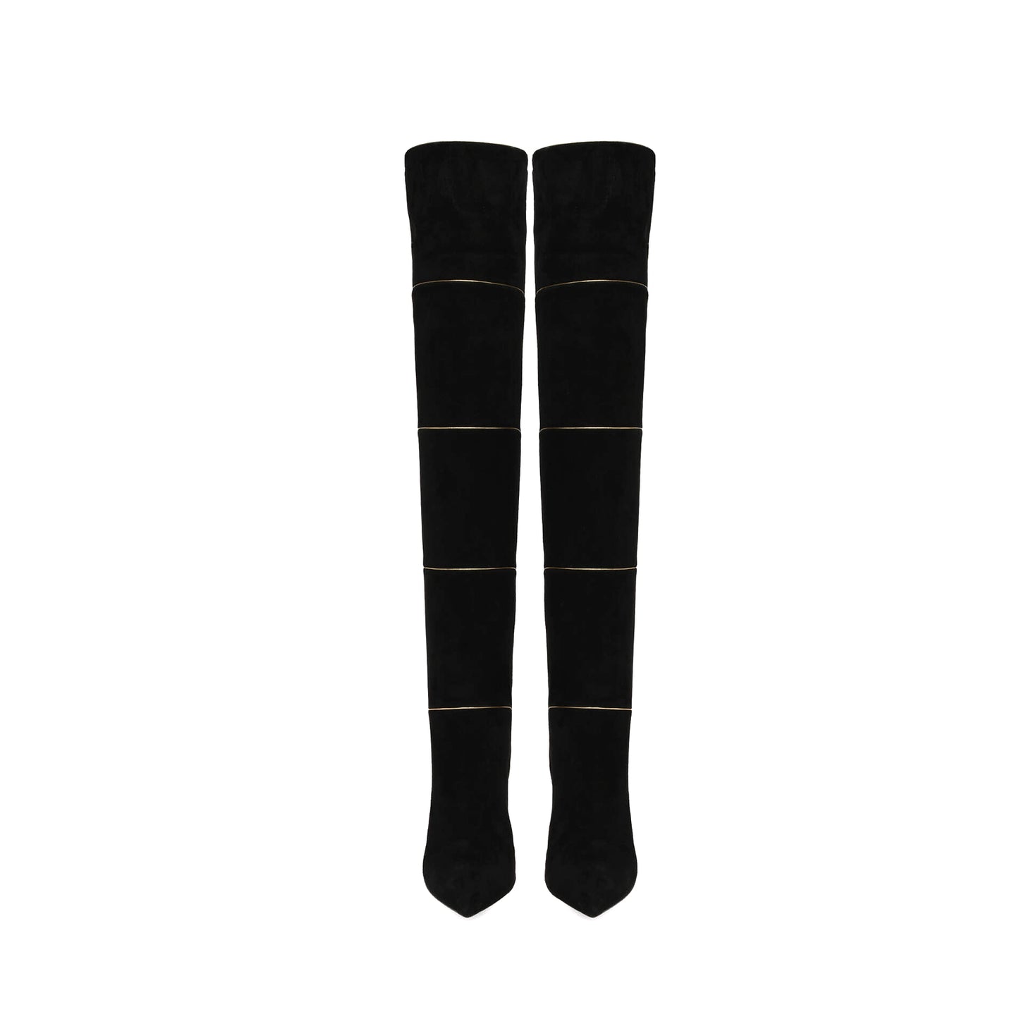 Black Faux Suede Pointed-Toe Wide Calf Metallic Gold Piping Over-The-Knee Stiletto Boots