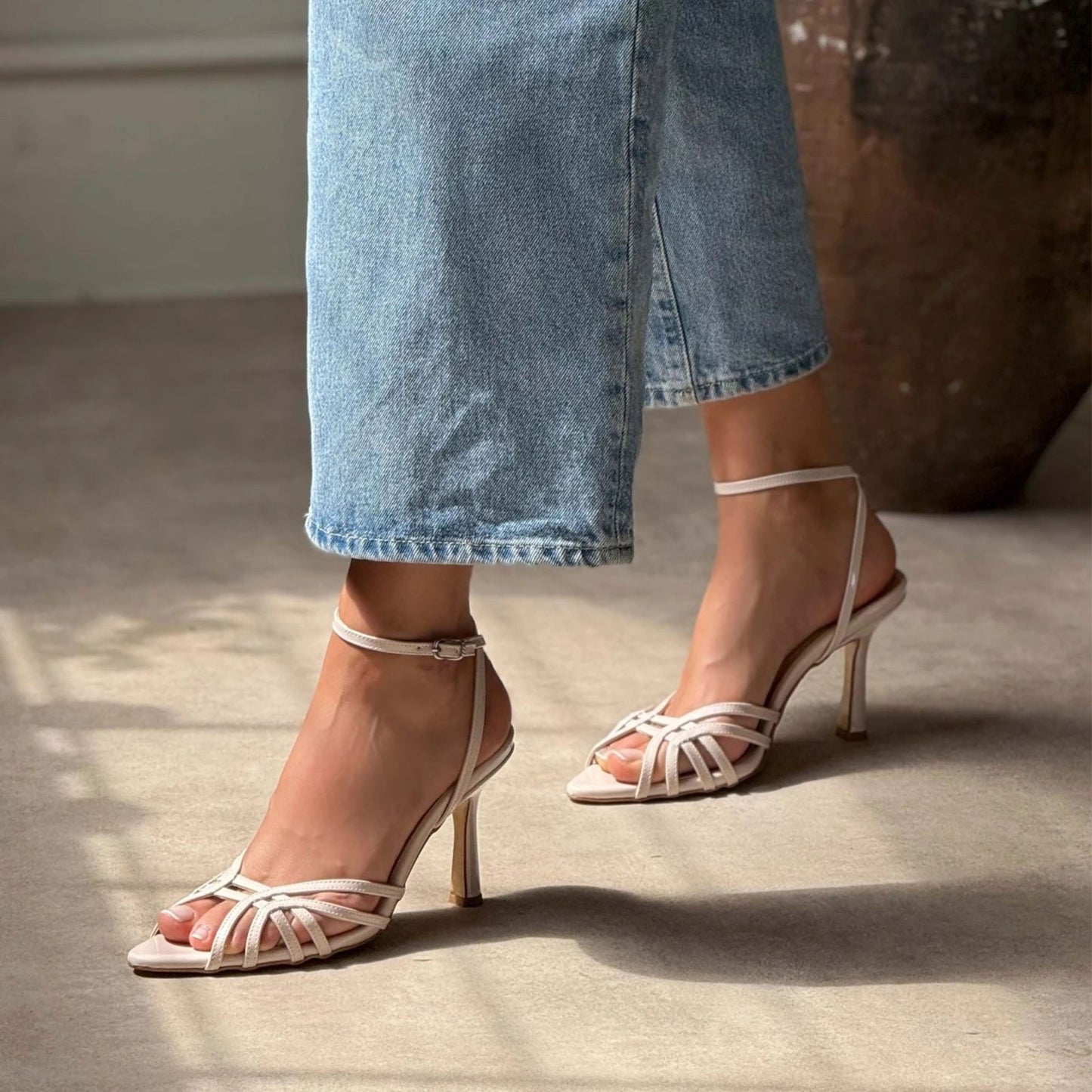 White Pointed-Toe Strappy Back And Ankle Strap High Heels