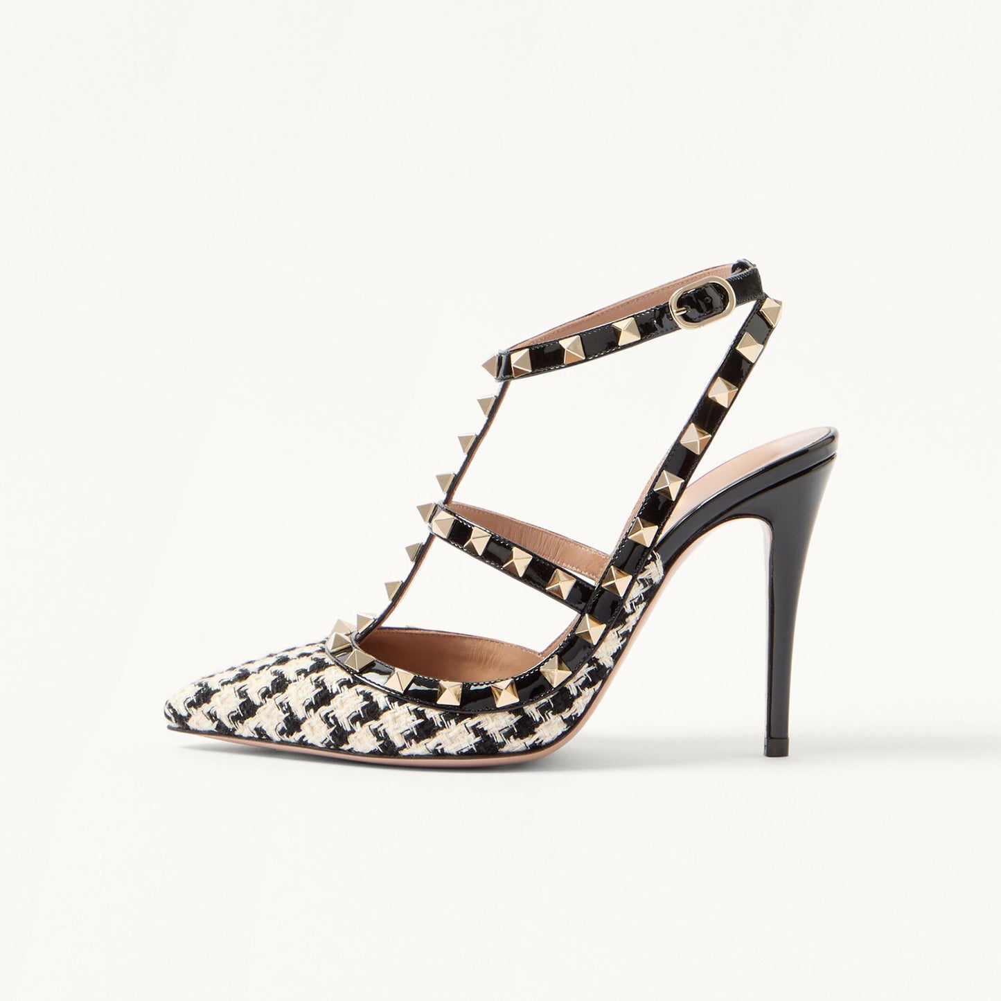 Plaid Cloth Pointed-Toe Studded Strappy Slingback High Heels