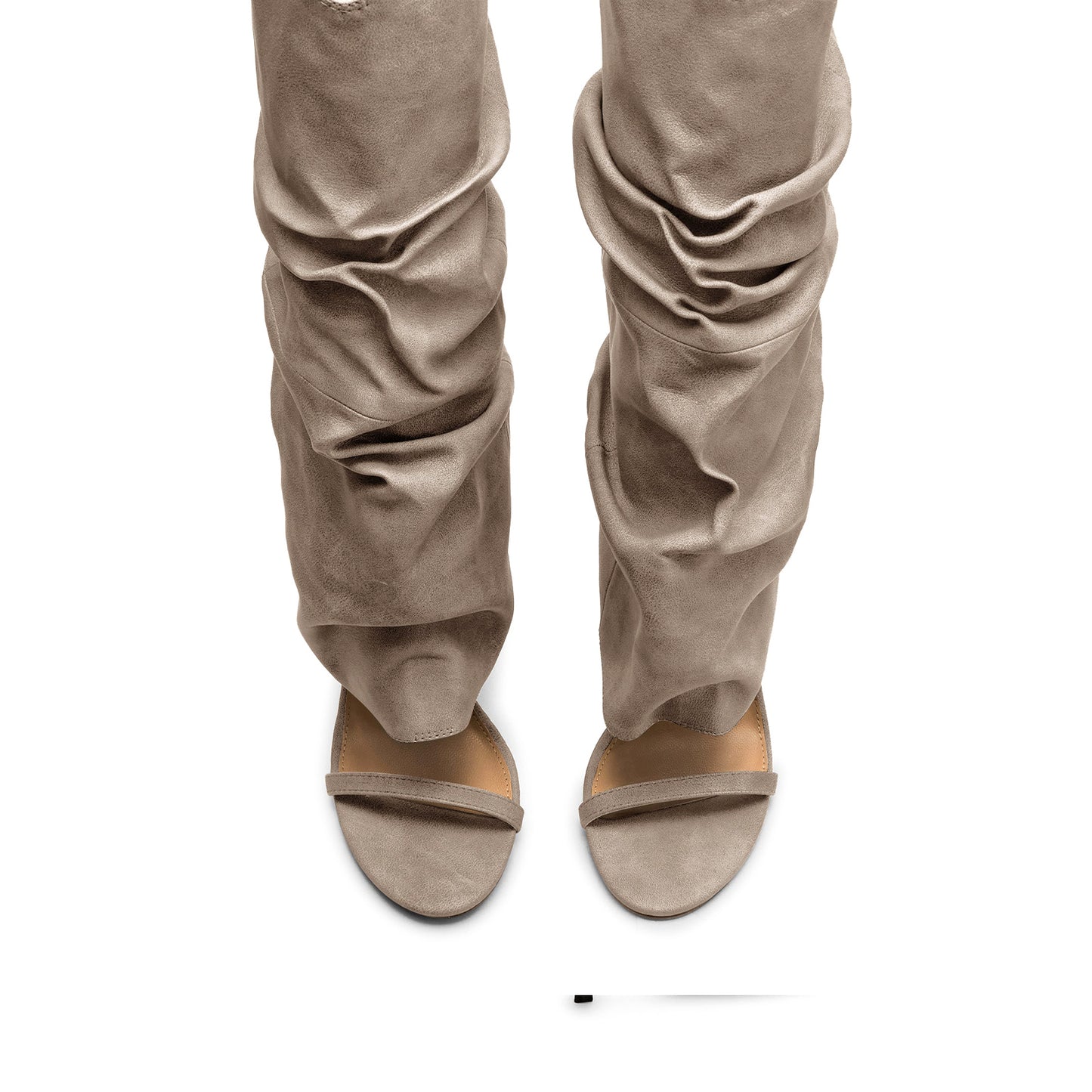 Gray Open Round-Toe Fold-Over Wide Calf Knee High Stiletto Boots