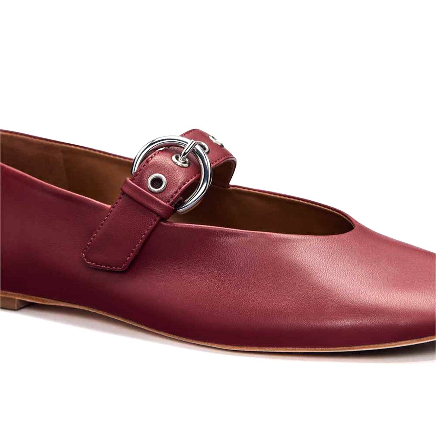 Brick Red Square-Toe Classic Buckle Bridge Strap Ballet Flats