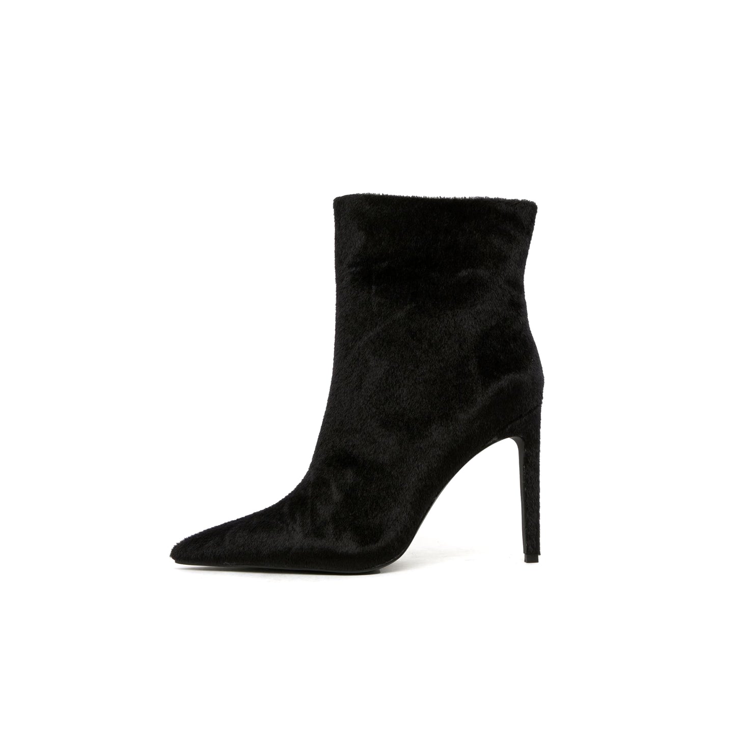 Black Pony Hair Pointed-Toe Full-Zip Ankle Stiletto Boots