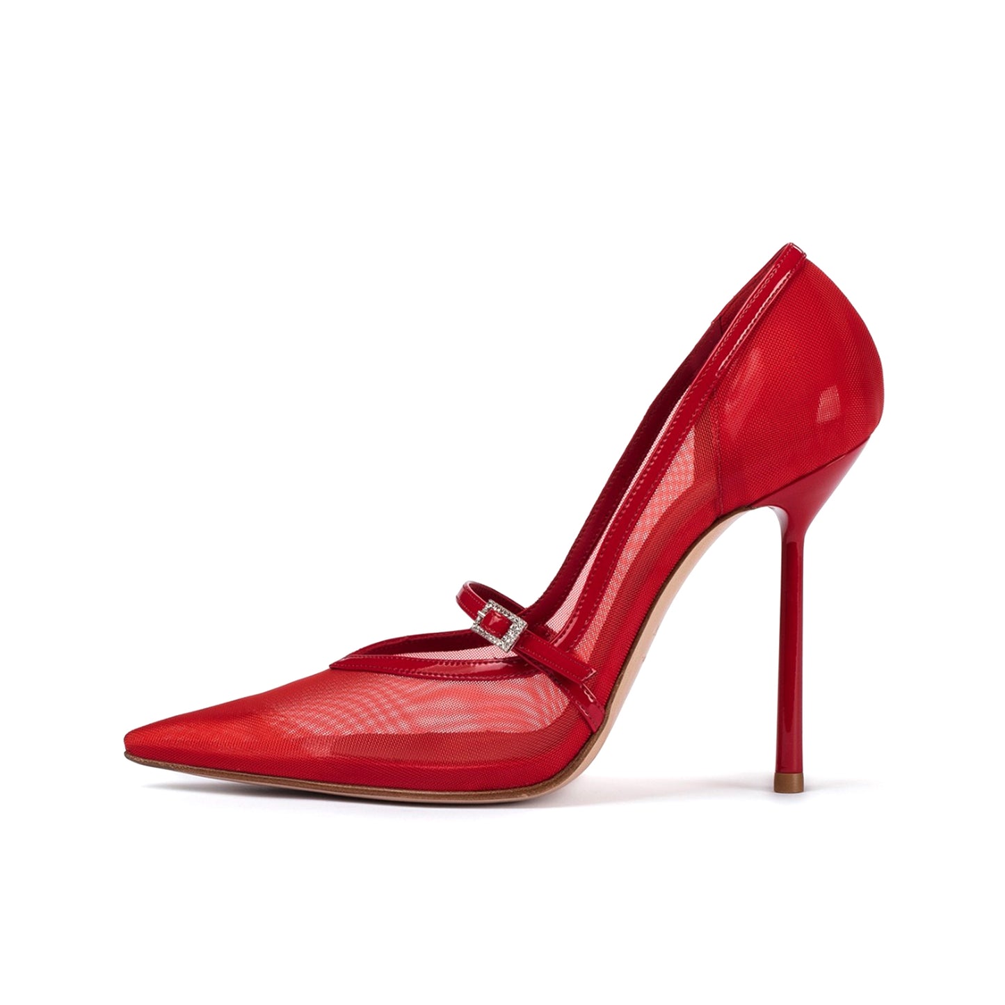 Red Mesh Pointed-Toe Patent Bridge Strap High Heels