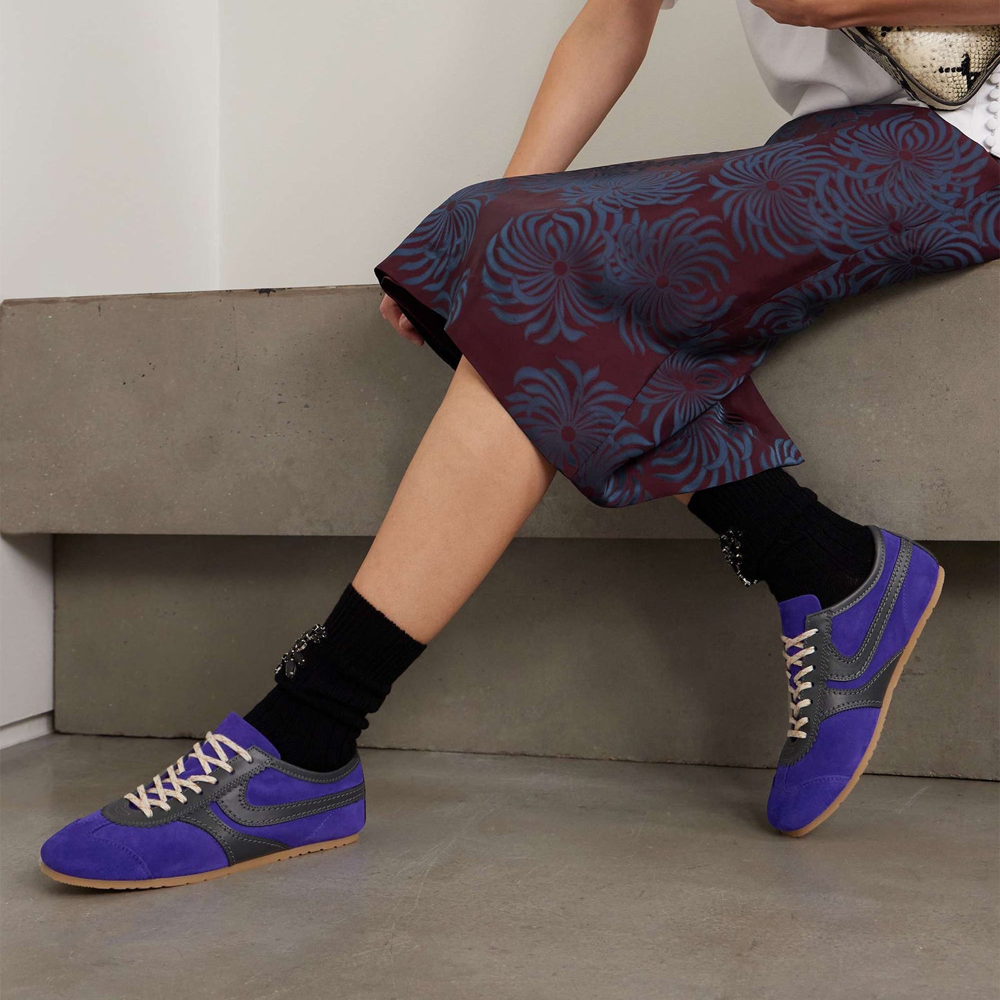 Blue Contrast Faux Suede And Vegan Leather Square-Toe Lace-Up Sneakers Flats