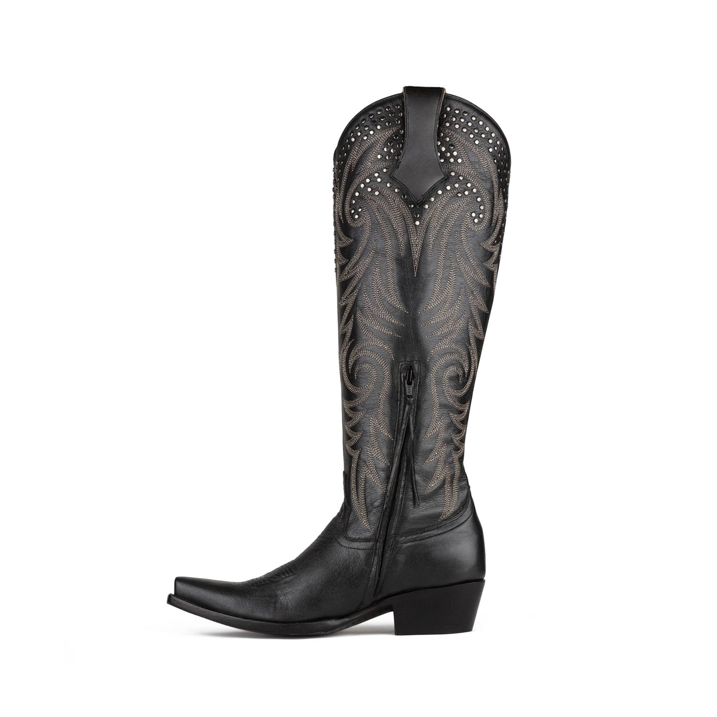 Black Snip-Toe Studs And Embroidery Classic Half-Zip Knee High Cowgirl Boots