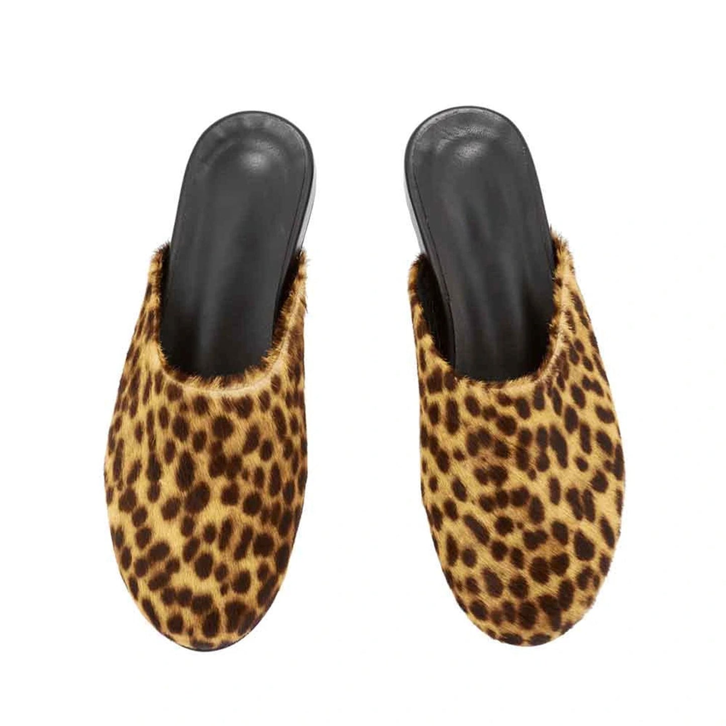Leopard Pattern Pony Hair Round-Toe Slipper Backless Flats