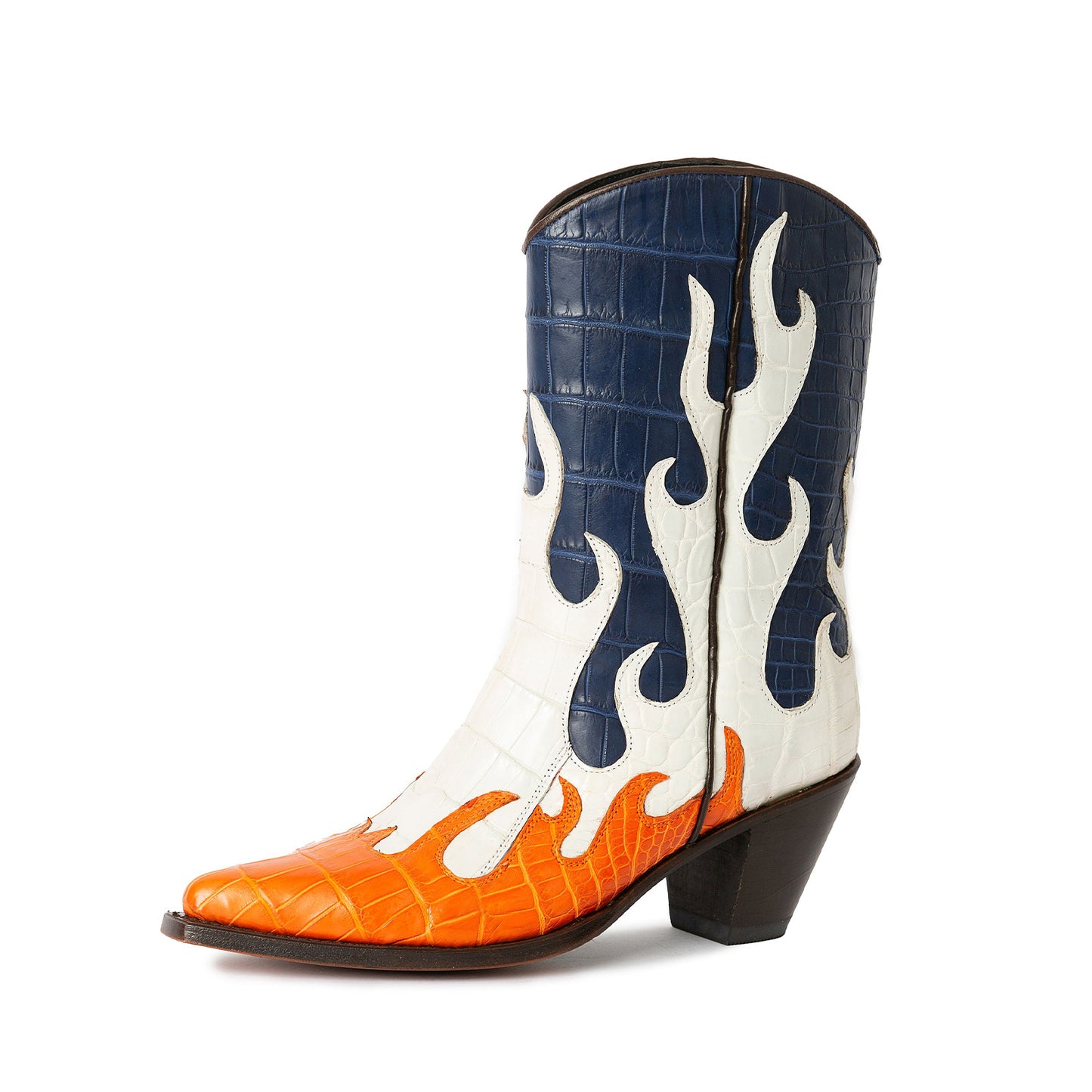 Contrast Colors Crocodile Print Pointed-Toe Flame Applique Ankle Cowgirl Boots