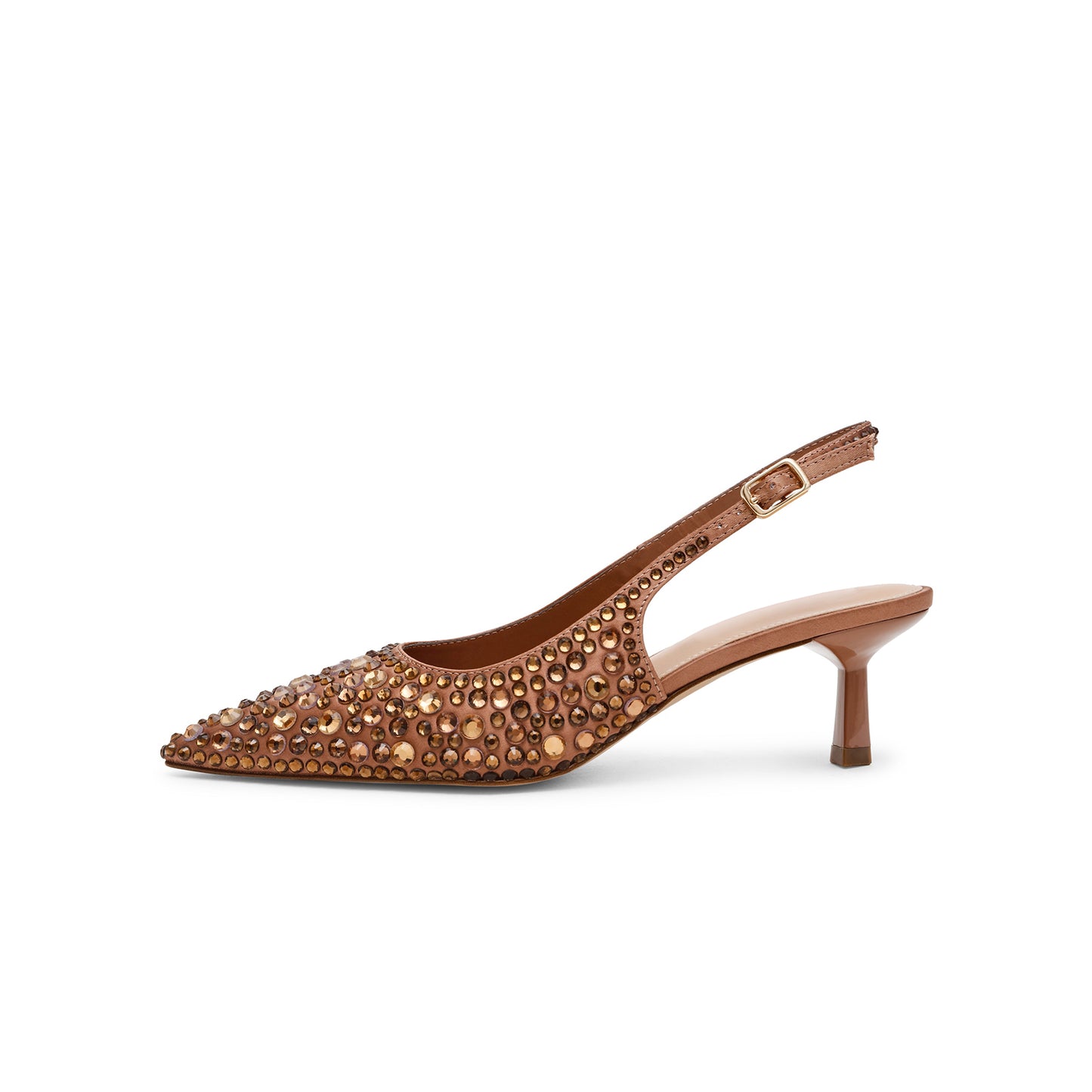 Bronze Satin Full Crystals Pointed-Toe Classic Slingback Kitten Heels