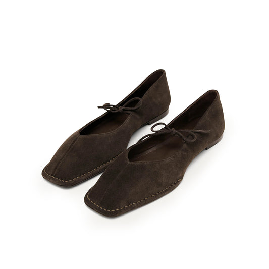 Coffee Faux Suede Square-Toe V-Cut Vamps Bridge Self-Tie Bow Ballet Flats