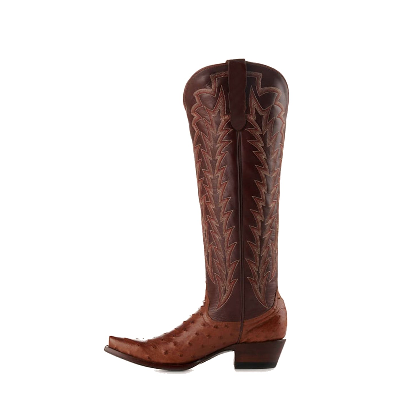 Cognac Contrast Vegan Leather And Ostrich Print Snip-Toe Embroidery Classic Wide Calf Knee High Cowgirl Boots