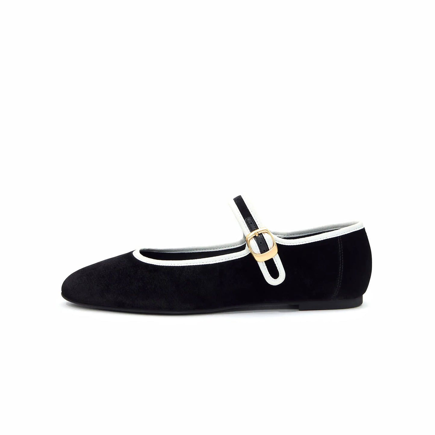 Black Velvet Round-Toe Bridge Buckle Strap Ballet Classic Flats