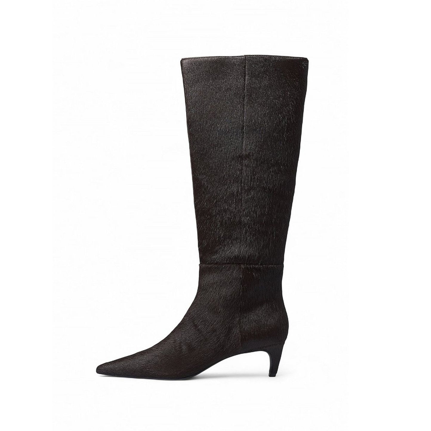 Brown Pony Hair Vegan Leather Pointed-Toe Half-Zip Knee High Stiletto Boots