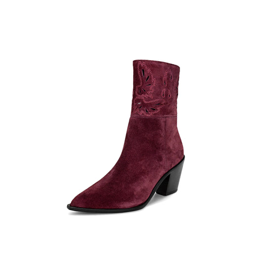 Burgundy Faux Suede Pointed-Toe Embroidery Inlay Full-Zip Ankle Cowgirl Boots