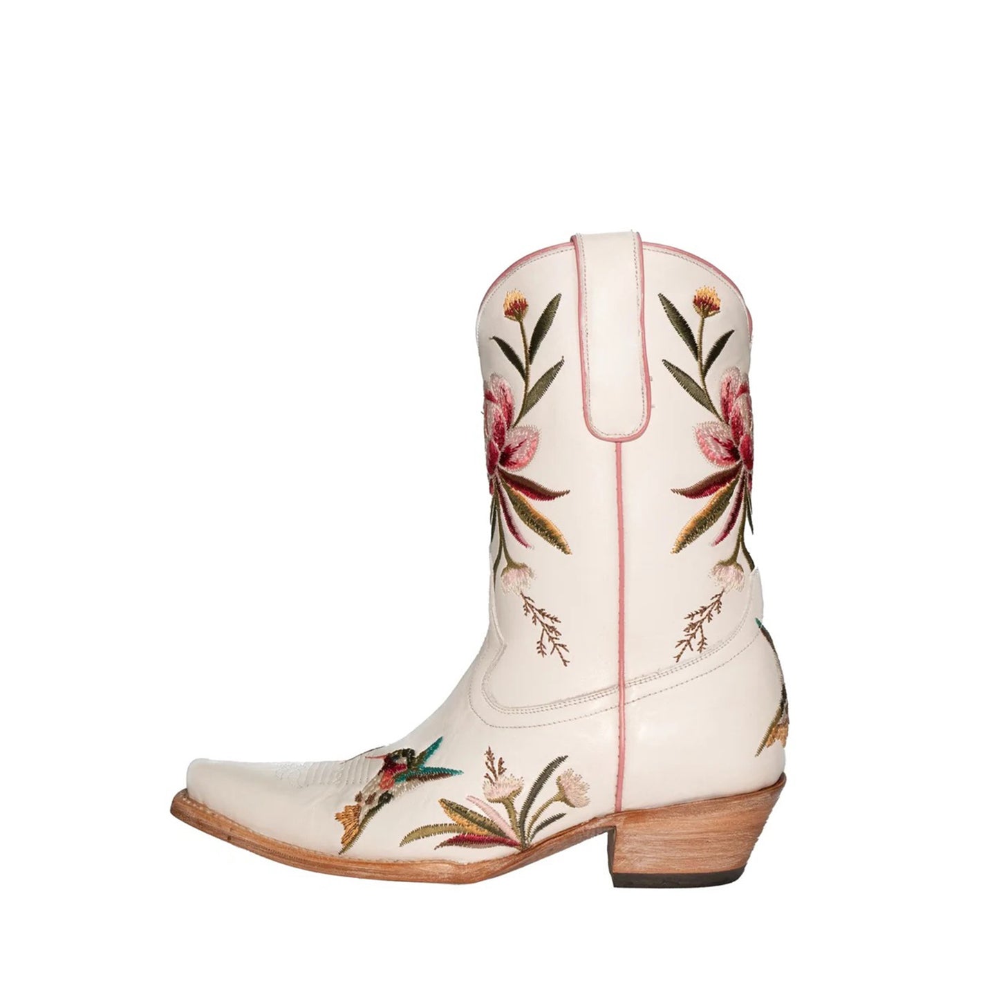 Ivory Snip-Toe Vivid Flowers And Bird Embroidery Ankle Cowgirl Boots