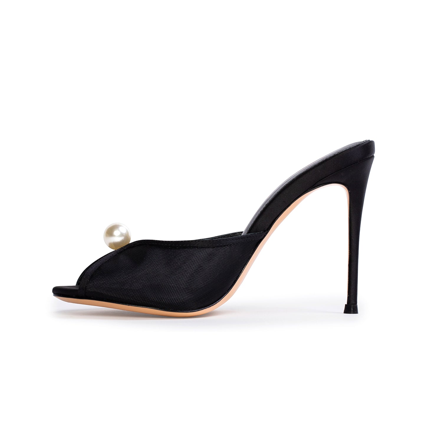 Black Mesh Satin Round-Toe Front Pearl Backless High Heels