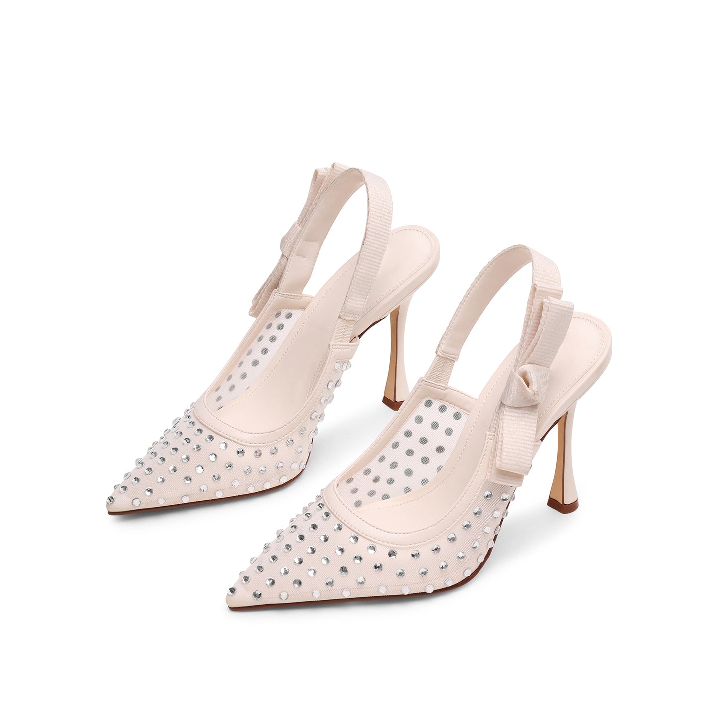 Ivory Mesh Rhinestones Pointed-Toe Slingback With Bow High Heels Pumps