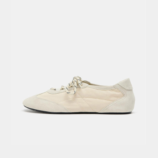 Ivory Cow Suede And Cloth Round-Toe Chic Lace-Up Sneakers
