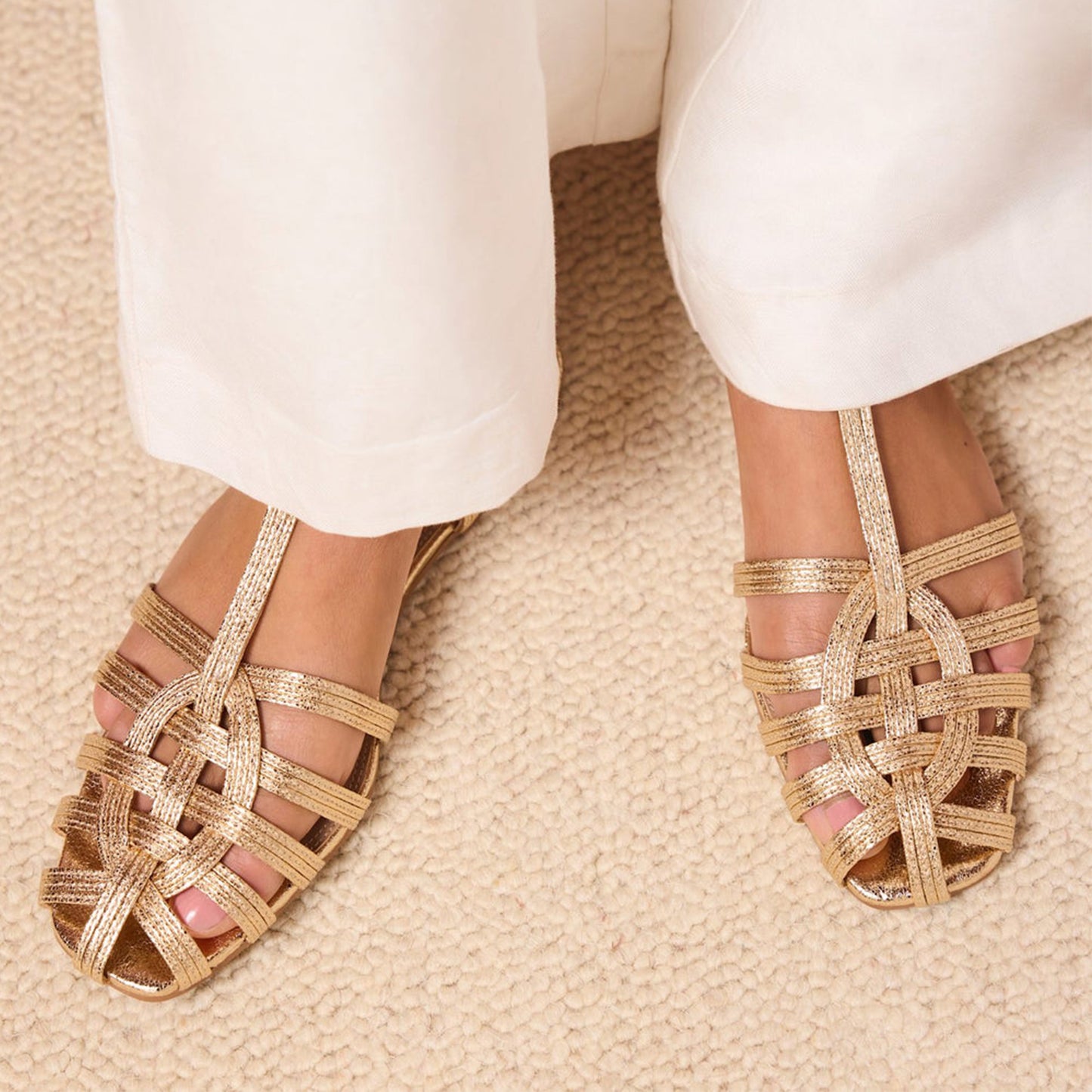 Metallic Gold Square-Toe Chic Fisherman Flat Sandals