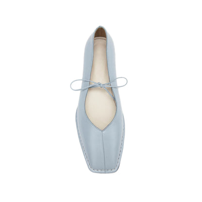 Blue Square-Toe V-Cut Vamps Bridge Self-Tie Bow Ballet Flats