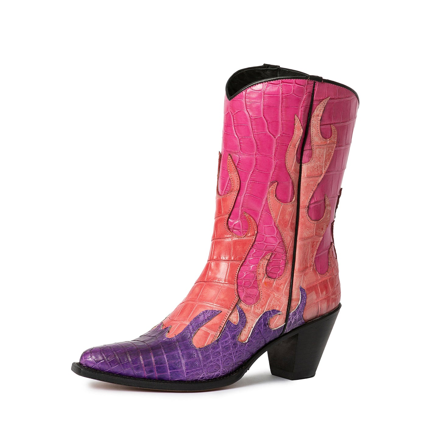 Contrast Tri-Colors Crocodile Print Pointed-Toe Flame Applique Ankle Cowgirl Boots