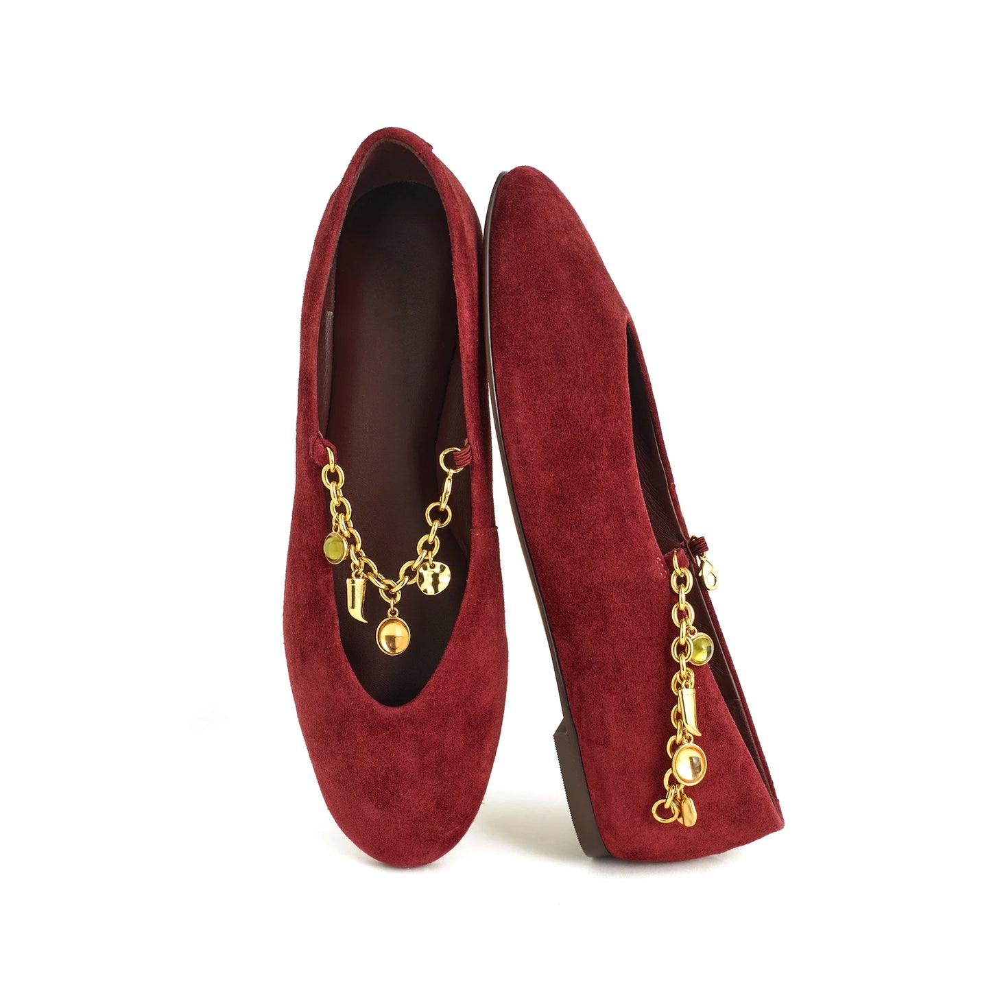 Wine Red Faux Suede Round-Toe Mary Jane Classic Ballet Flats