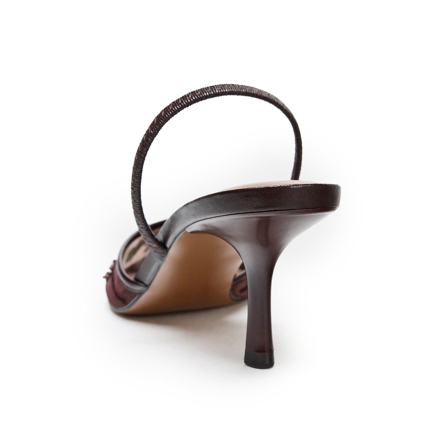 Brown Mesh Pointed-Toe Embroidery With Metal And Slingback Kitten Heels