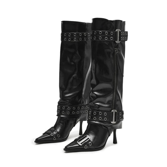 Black Pointed-Toe Half-Zip Buckle Straps With Eyelets Knee High Stiletto Boots