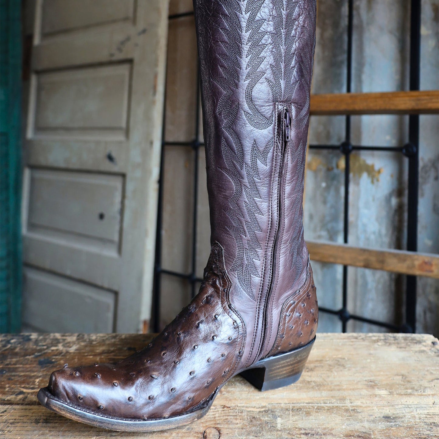 Chocolate Contrast Vegan Leather And Ostrich Print Snip-Toe Embroidery Half-Zip Knee High Cowgirl Boots